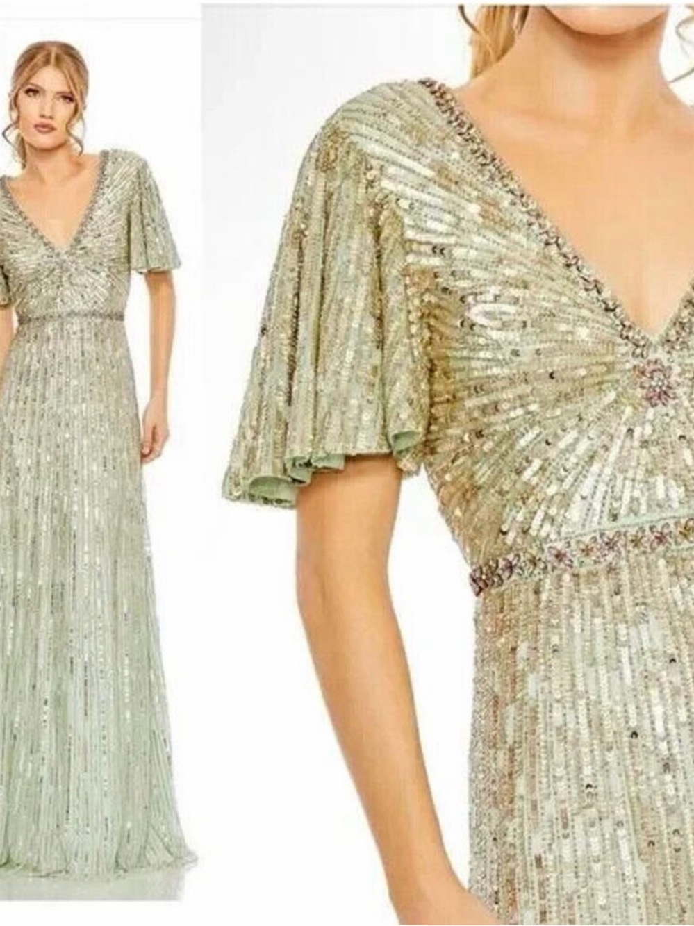 Mac Duggal Mint Green Sequined V-Neck Evening Gown